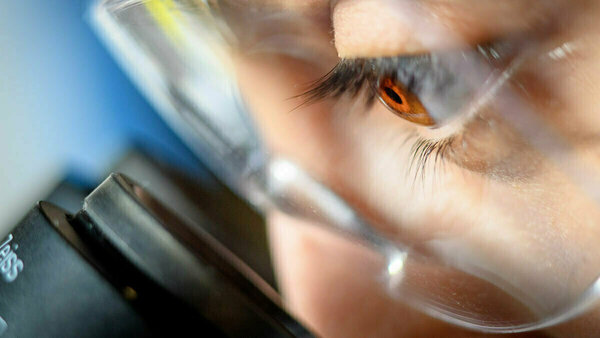 Close-up of a person's hazel eye looking intently through clear glasses at a Zeiss microscope.